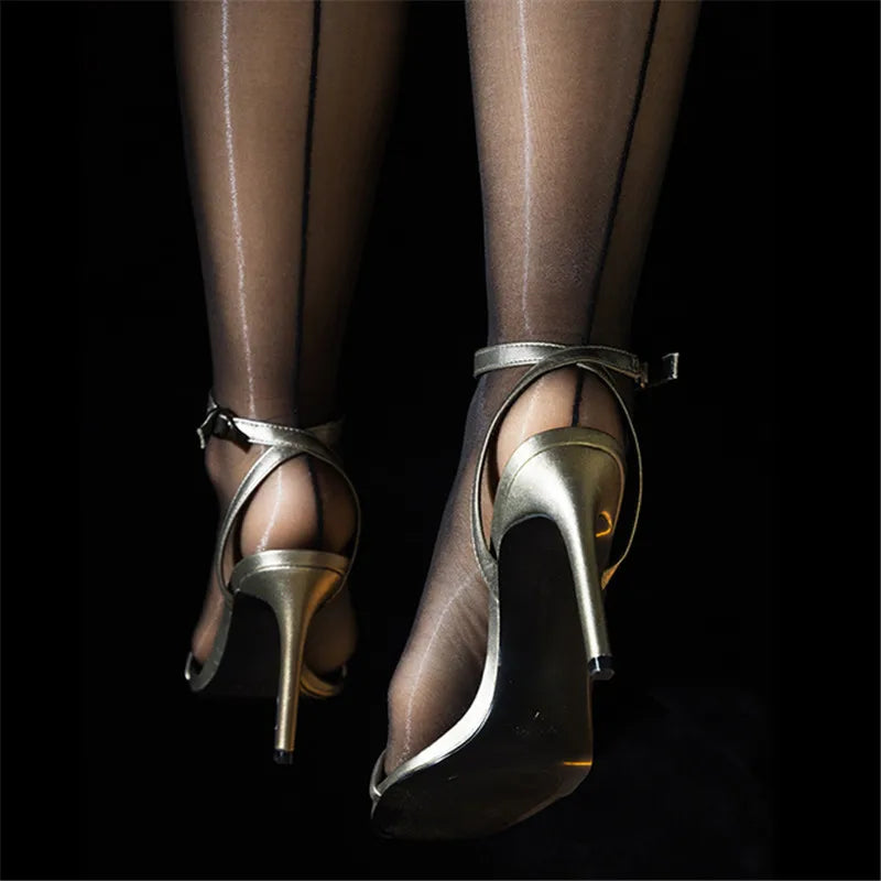 Women’s Oil-Glossy High-Waist Pantyhose: Cuban Heel Design with Control Top - SU
