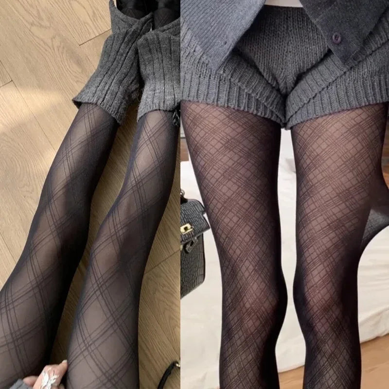 Korean-Style Ladies’ Rhombus Plaid Pantyhose: Retro Nylon Mesh Tights - SU