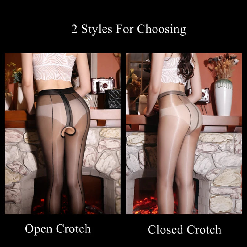 Women’s Oil-Glossy High-Waist Pantyhose: Cuban Heel Design with Control Top - SU