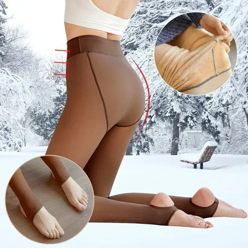 Winter Warm Fleece-Lined Tights for Women: Thickened High-Waist Thermal Pantyhose with Fake Translucent Finish - SU