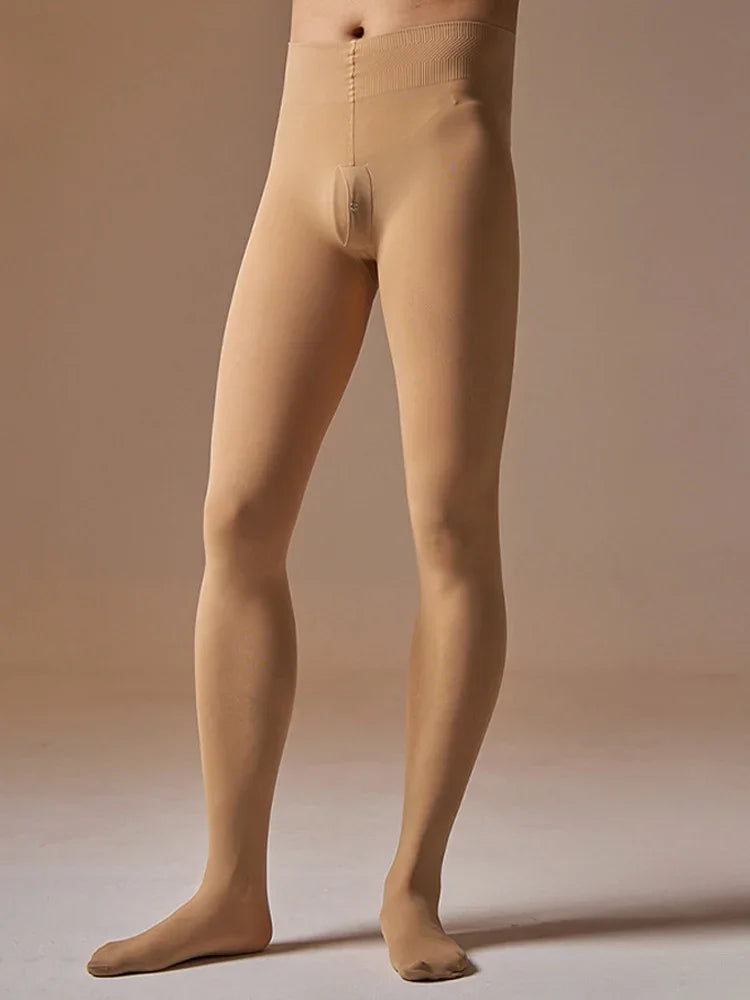 Men’s 200D Warm Leggings: Elastic Pantyhose with U-Pouch & Shiny Finish - SU