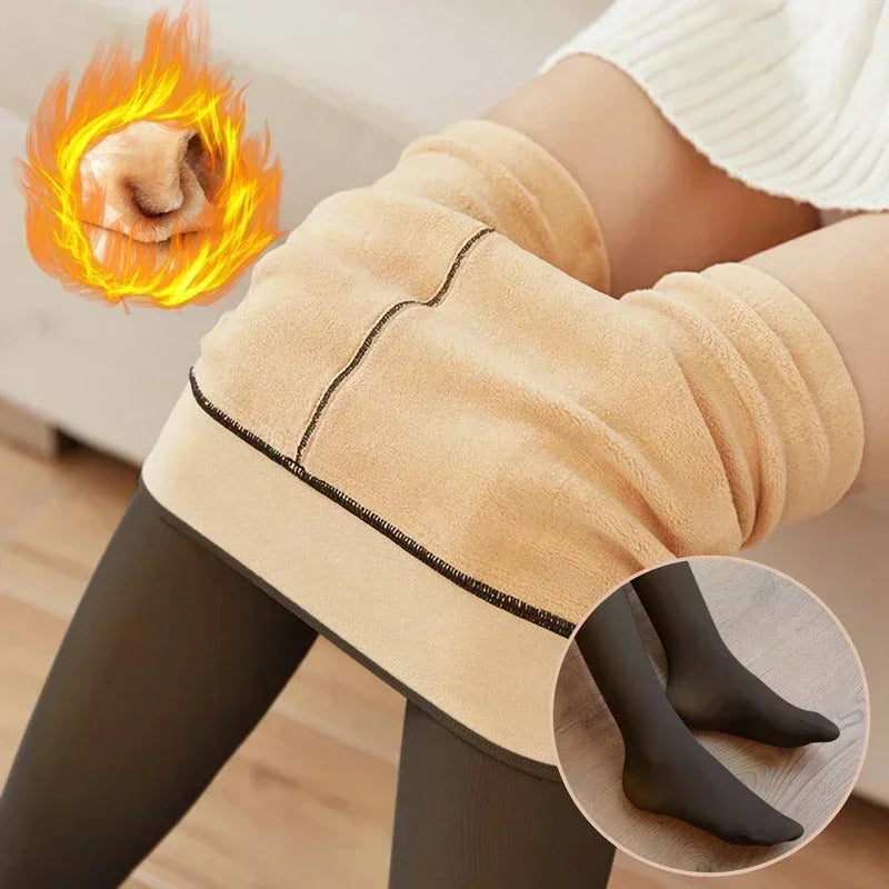 Winter Warm Fleece-Lined Tights for Women: Thickened High-Waist Thermal Pantyhose with Fake Translucent Finish - SU
