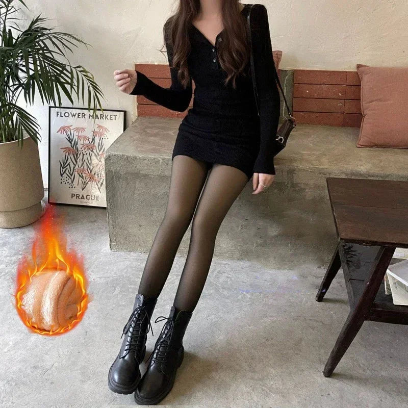 Winter Warm Fleece-Lined Tights for Women: Thickened High-Waist Thermal Pantyhose with Fake Translucent Finish - SU