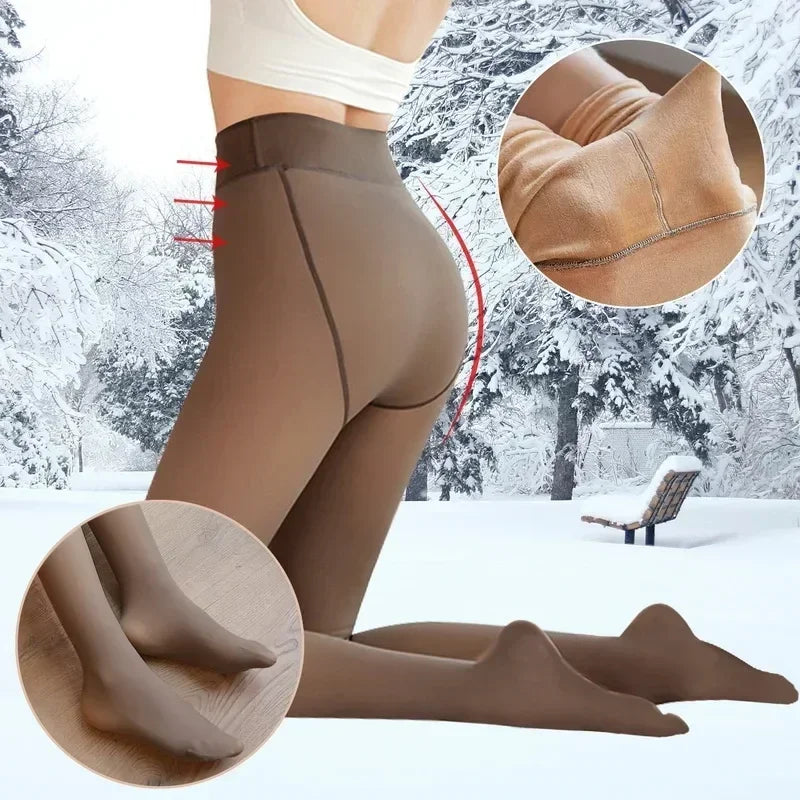 Winter Warm Fleece-Lined Tights for Women: Thickened High-Waist Thermal Pantyhose with Fake Translucent Finish - SU