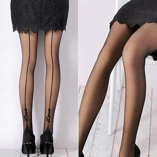 Women’s Plus Size Pantyhose: Elegant English Love Letter Tattoo Jacquard Leggings - SU