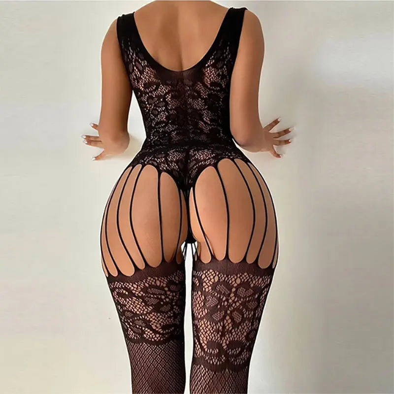 Women’s Exotic Fishnet Body Stockings: Sheer Hollow Tights with Artistic Open Design - SU