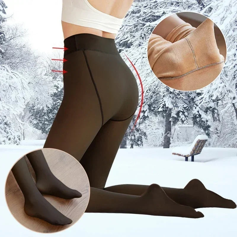 Winter Warm Fleece-Lined Tights for Women: Thickened High-Waist Thermal Pantyhose with Fake Translucent Finish - SU