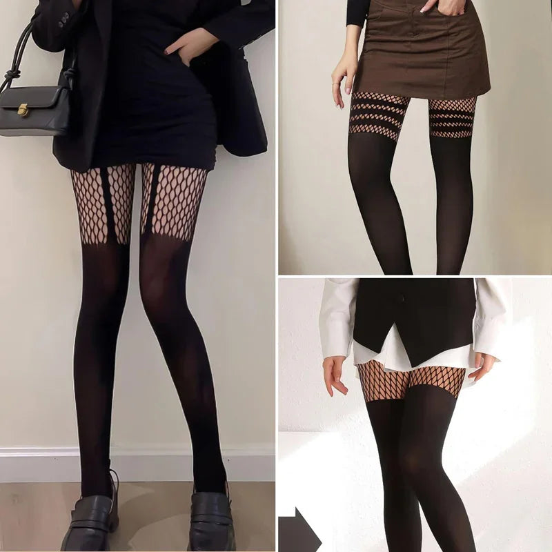 Women's Suspender-Accented Fishnet Pantyhose - SU