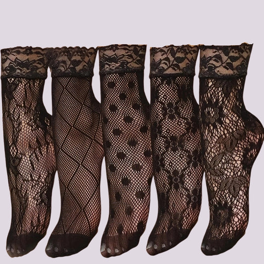 Plus-Size Ultra-Thin Nylon Mesh Fishnet Stockings (5-Pair Lace Ankle Set)
