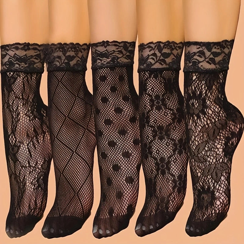 Plus-Size Ultra-Thin Nylon Mesh Fishnet Stockings (5-Pair Lace Ankle Set)