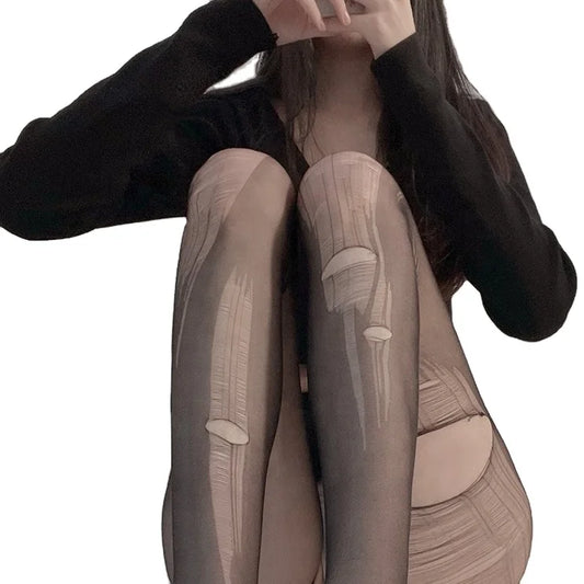Sexy Slit Silk-Free Stockings Ultra-Thin Pantyhose With Holes for Women Unisex