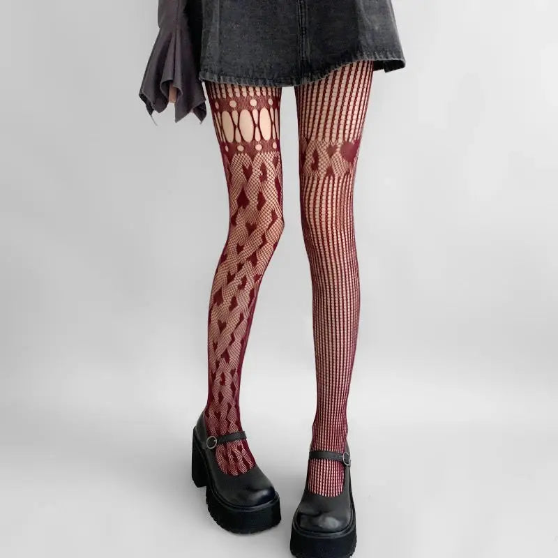 Elegant Women's Heart-Cutout Lace Mesh Fishnet Pantyhose - SU